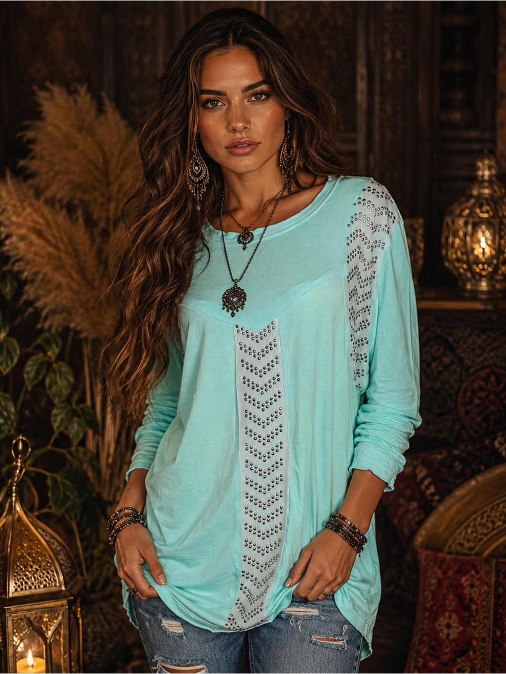 POL Mint Studded Chevron Tunic Top Small Boho Boutique Long Sleeve Aqua A29